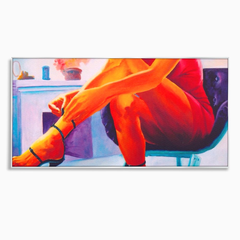 Tablou canvas cu pictura cu femeie in rochie rosie, in rama de aluminiu argintiu